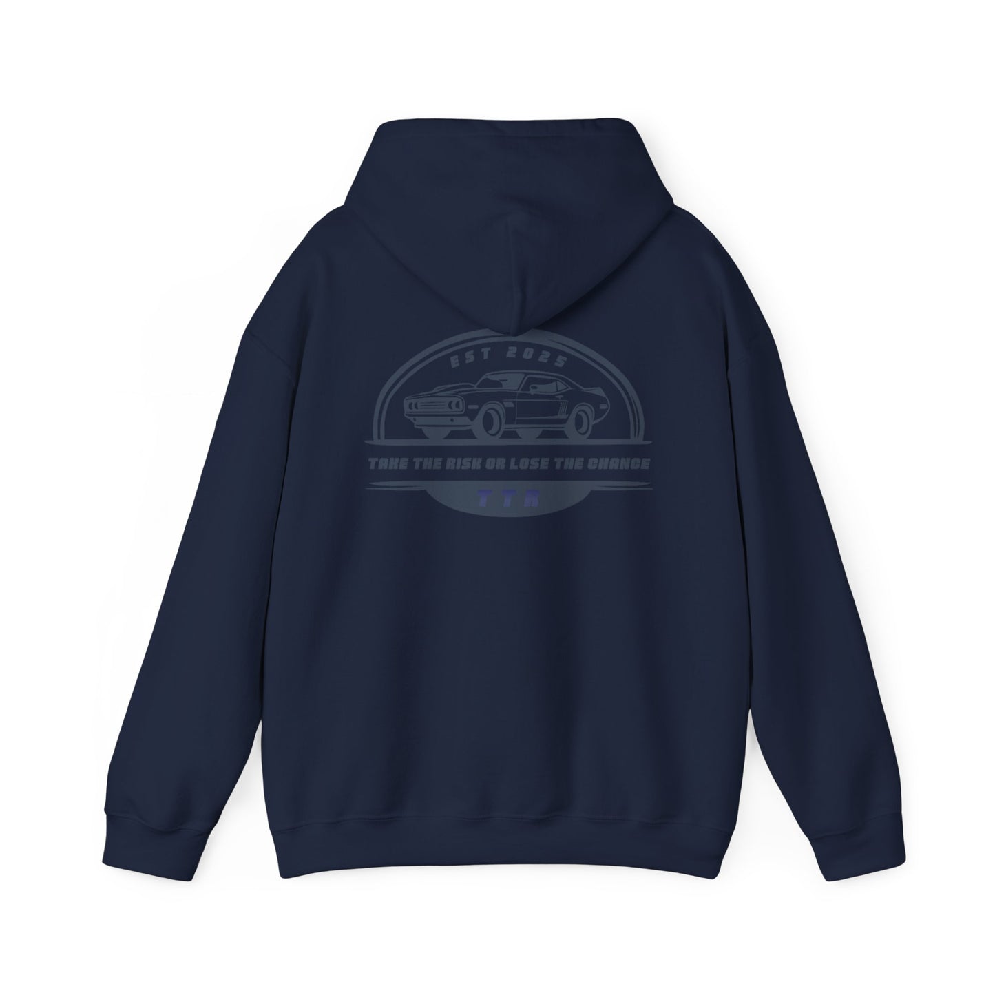 Vintage Race Car Emblem Hoodie | TTR blue logo 'Take The Risk'