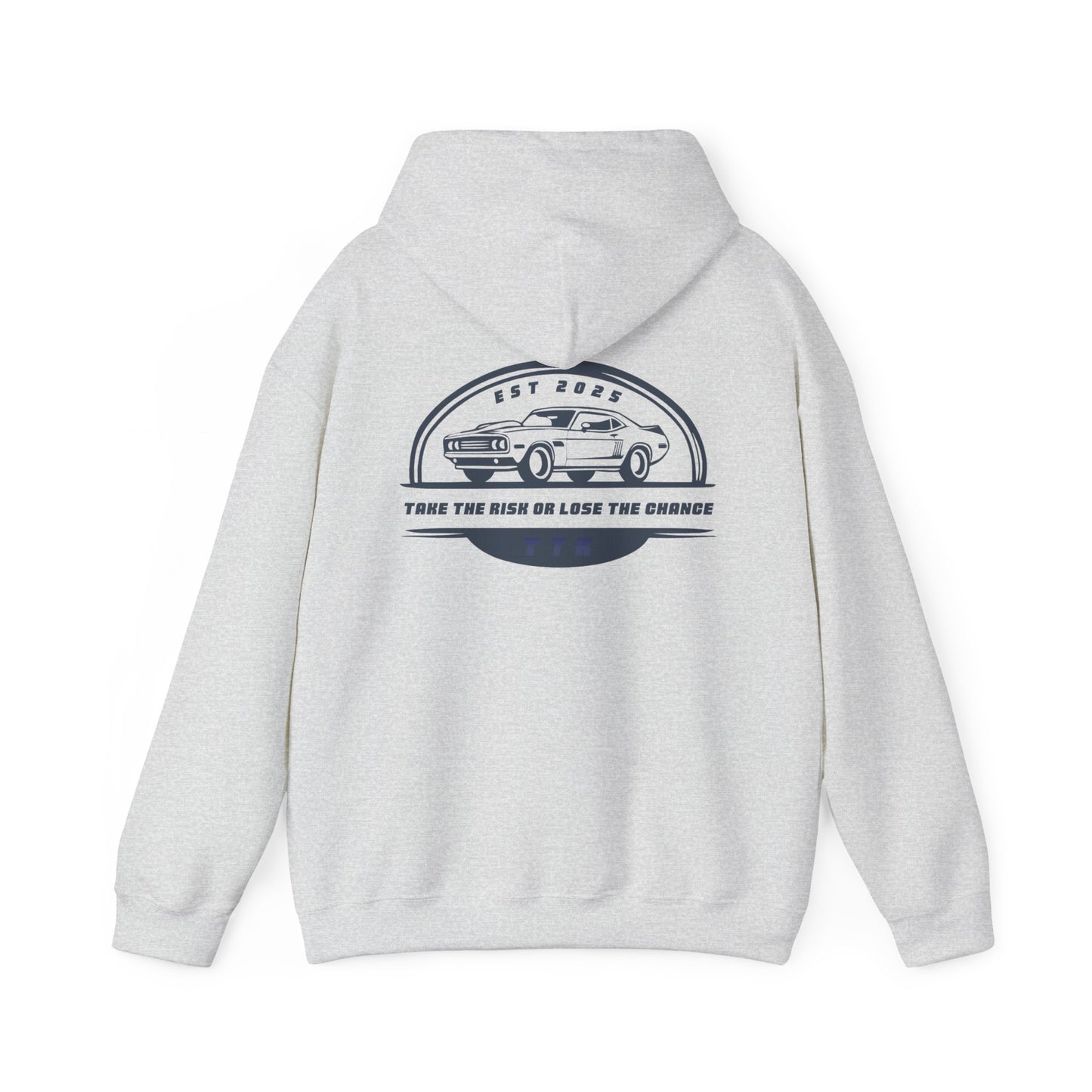 Vintage Race Car Emblem Hoodie | TTR blue logo 'Take The Risk'