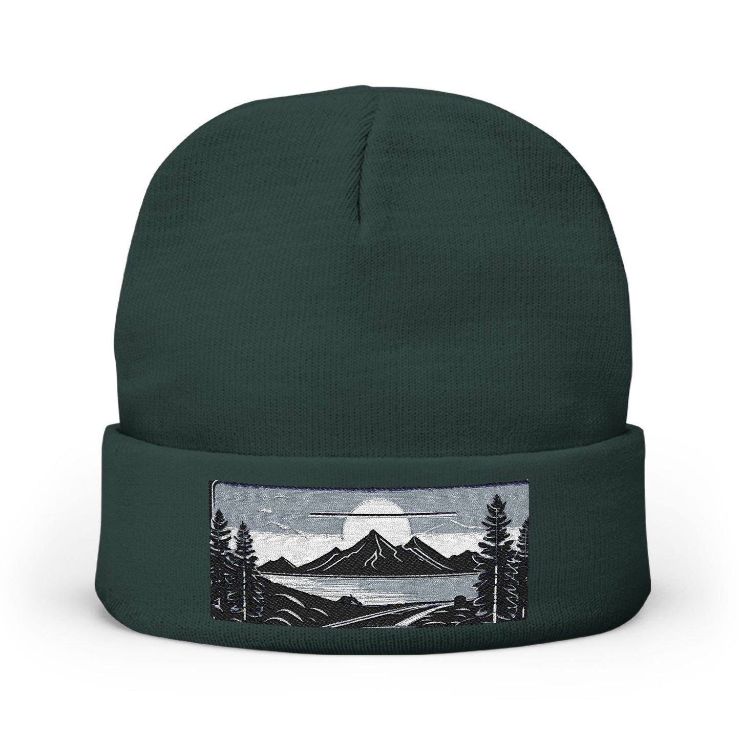 Embroidered Mountain Landscape Knit Beanie — Scenic Outdoor Winter Hat