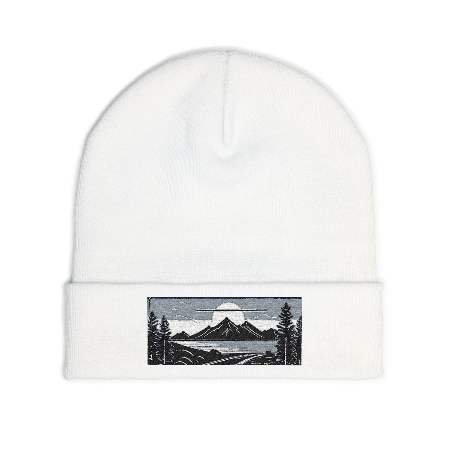 Embroidered Mountain Landscape Knit Beanie — Scenic Outdoor Winter Hat