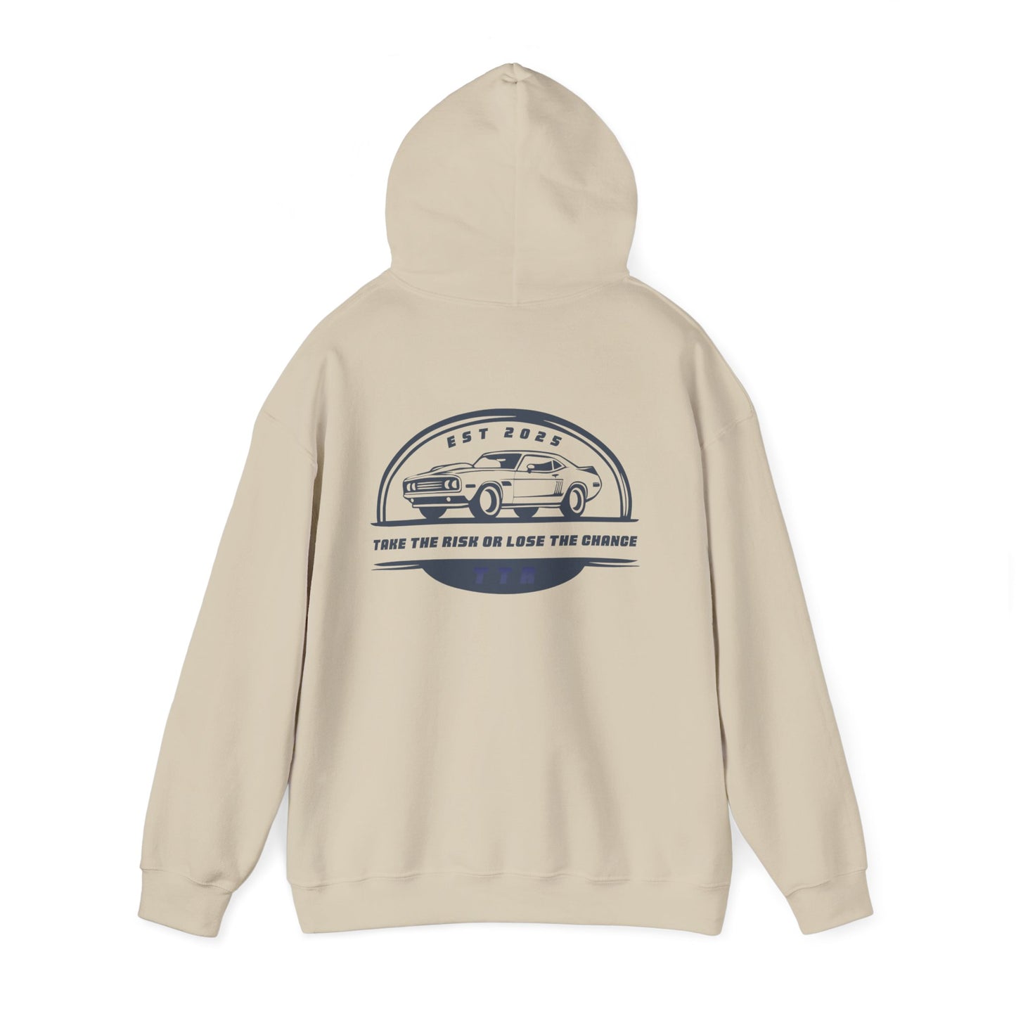 Vintage Race Car Emblem Hoodie | TTR blue logo 'Take The Risk'