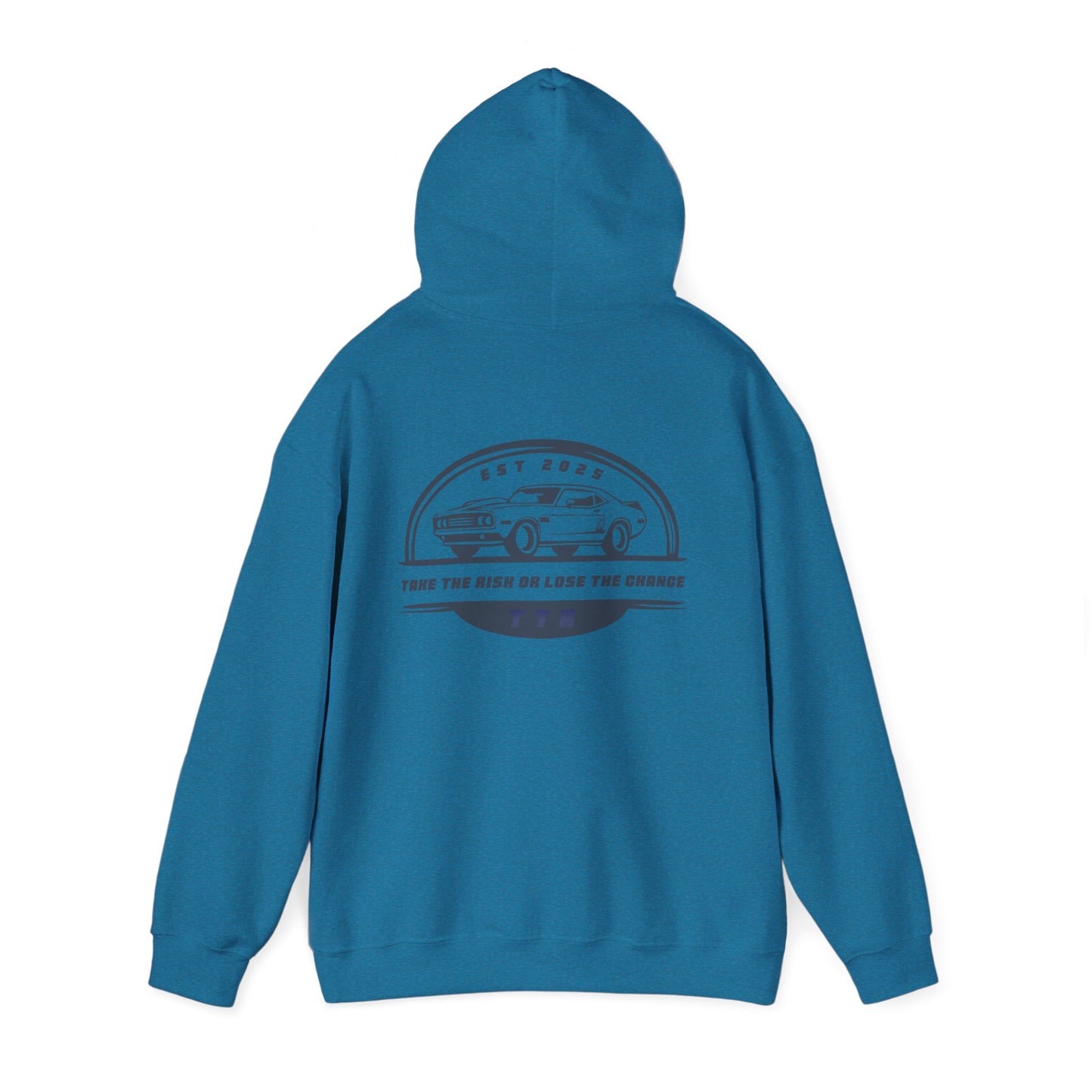 Vintage Race Car Emblem Hoodie | TTR blue logo 'Take The Risk'