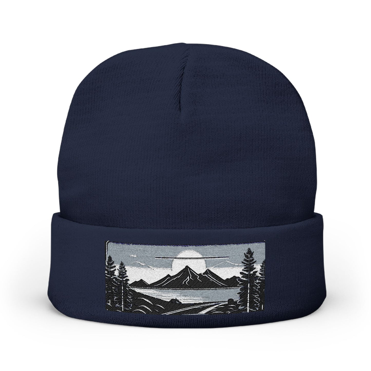 Embroidered Mountain Landscape Knit Beanie — Scenic Outdoor Winter Hat