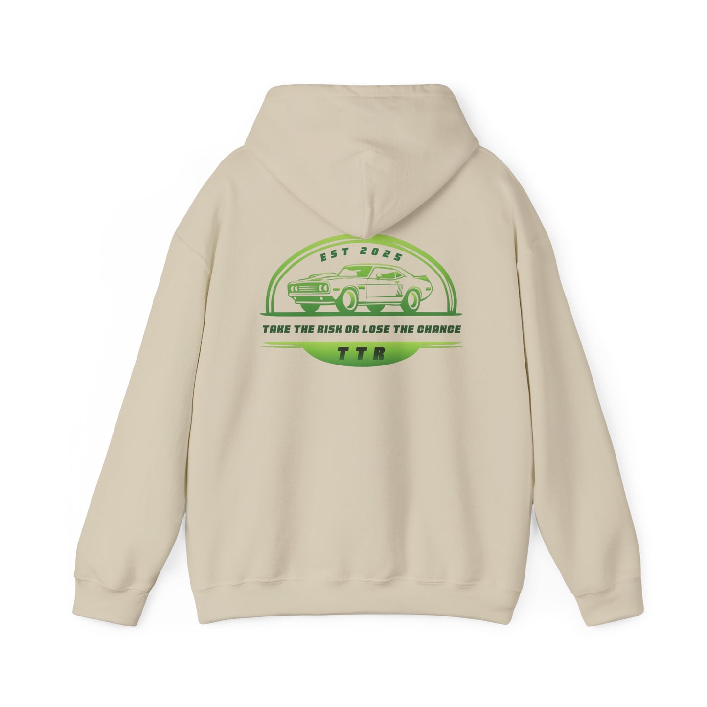 Vintage Race Car Emblem Hoodie | TTR green logo 'Take The Risk'