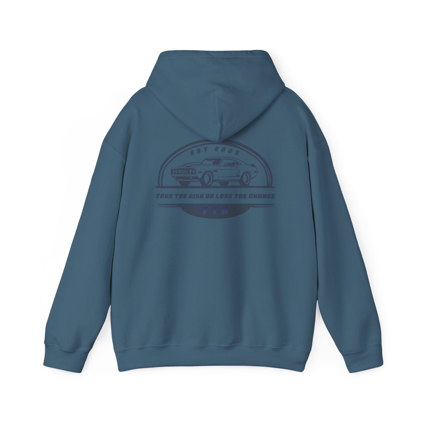 Vintage Race Car Emblem Hoodie | TTR blue logo 'Take The Risk'