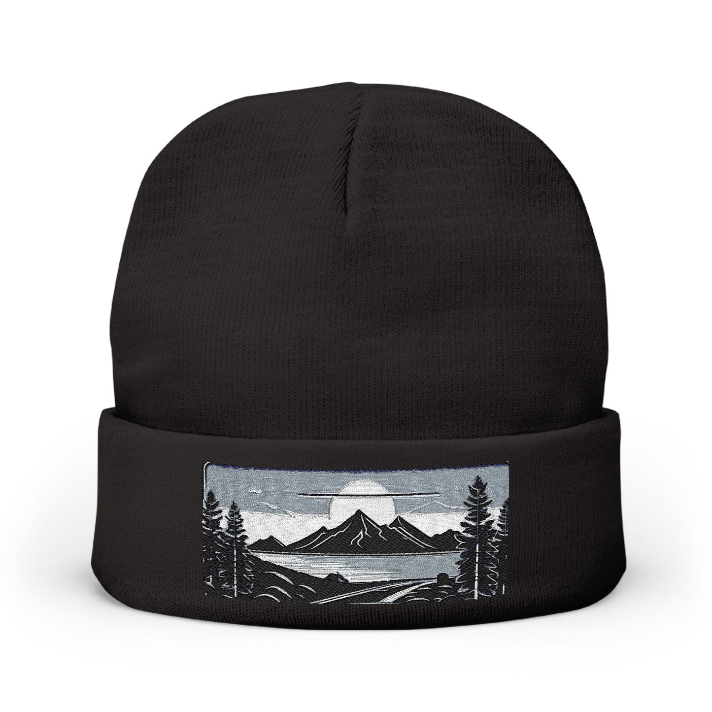 Embroidered Mountain Landscape Knit Beanie — Scenic Outdoor Winter Hat