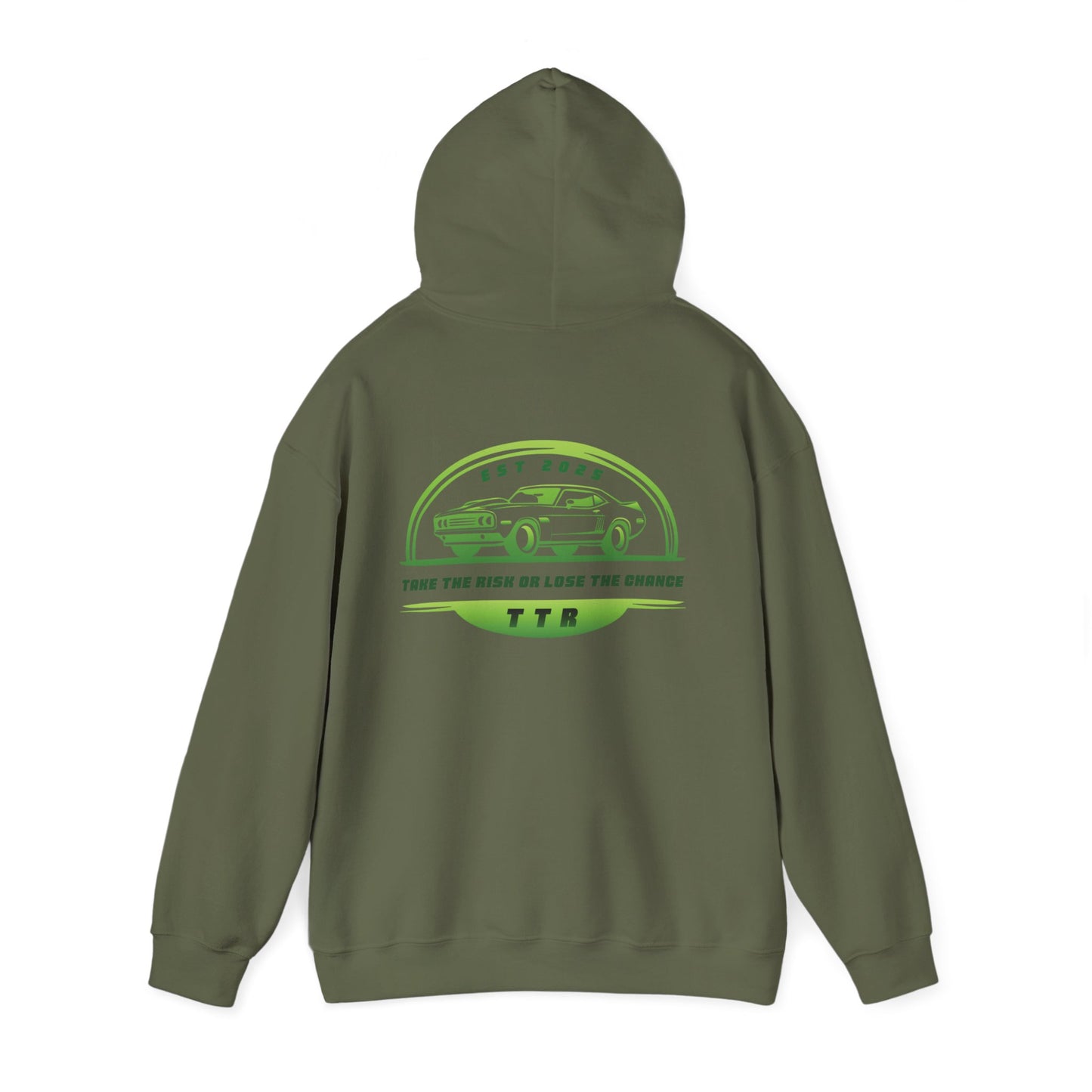 Vintage Race Car Emblem Hoodie | TTR green logo 'Take The Risk'