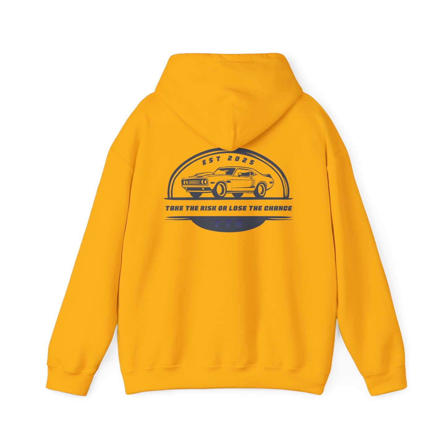 Vintage Race Car Emblem Hoodie | TTR blue logo 'Take The Risk'