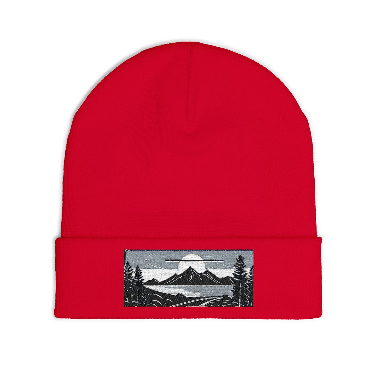 Embroidered Mountain Landscape Knit Beanie — Scenic Outdoor Winter Hat