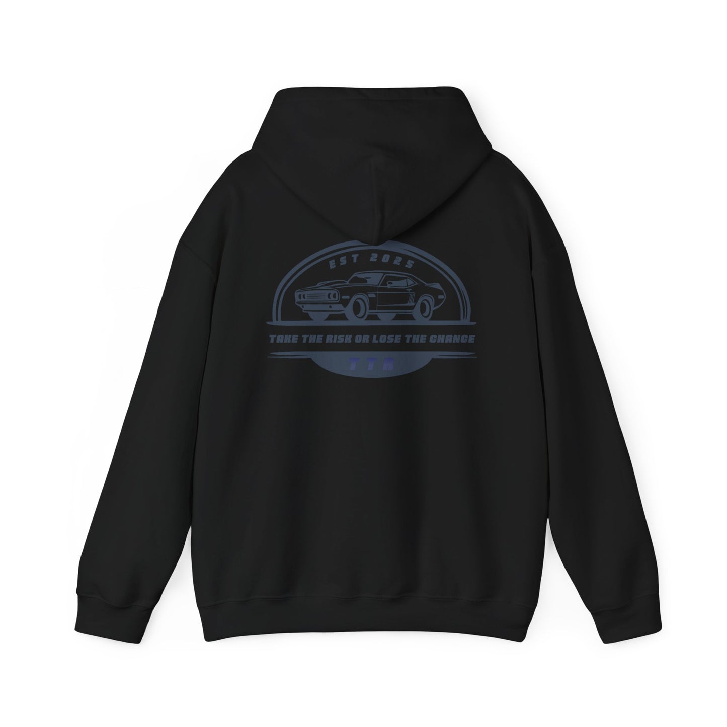Vintage Race Car Emblem Hoodie | TTR blue logo 'Take The Risk'
