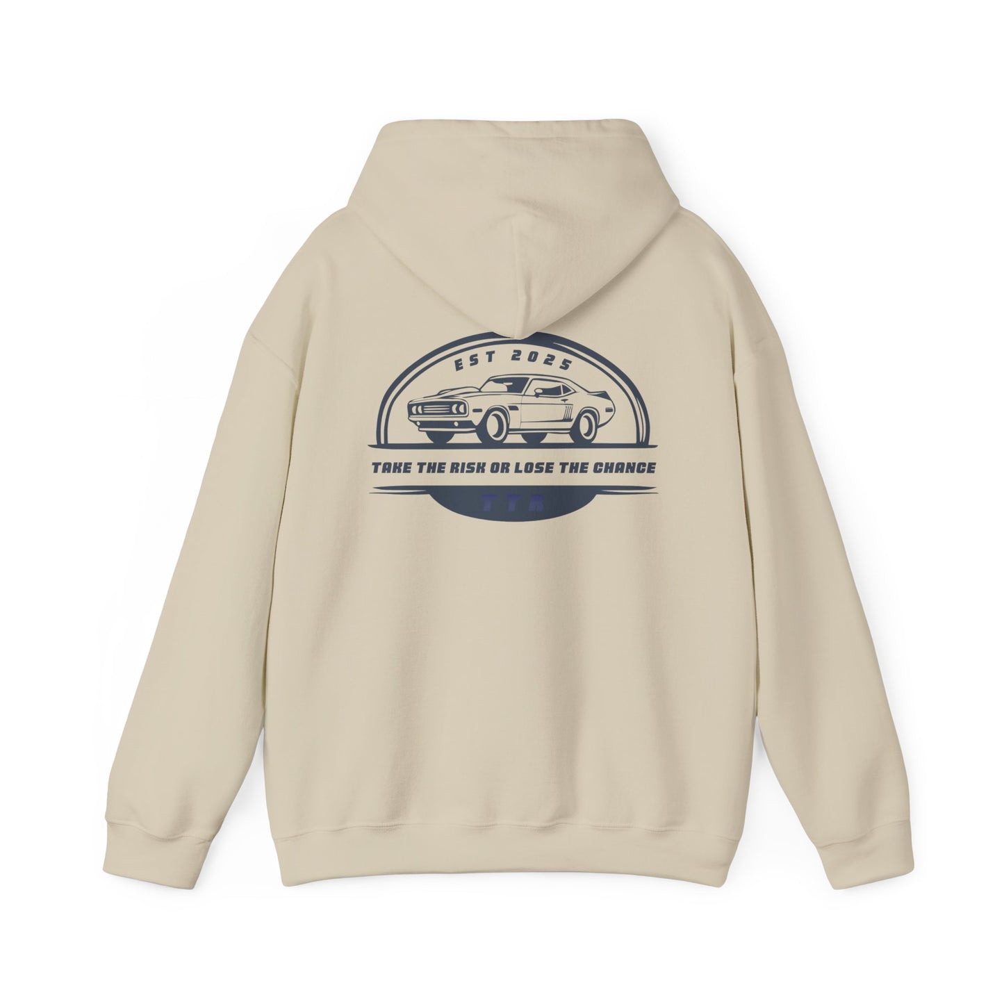 Vintage Race Car Emblem Hoodie | TTR blue logo 'Take The Risk'