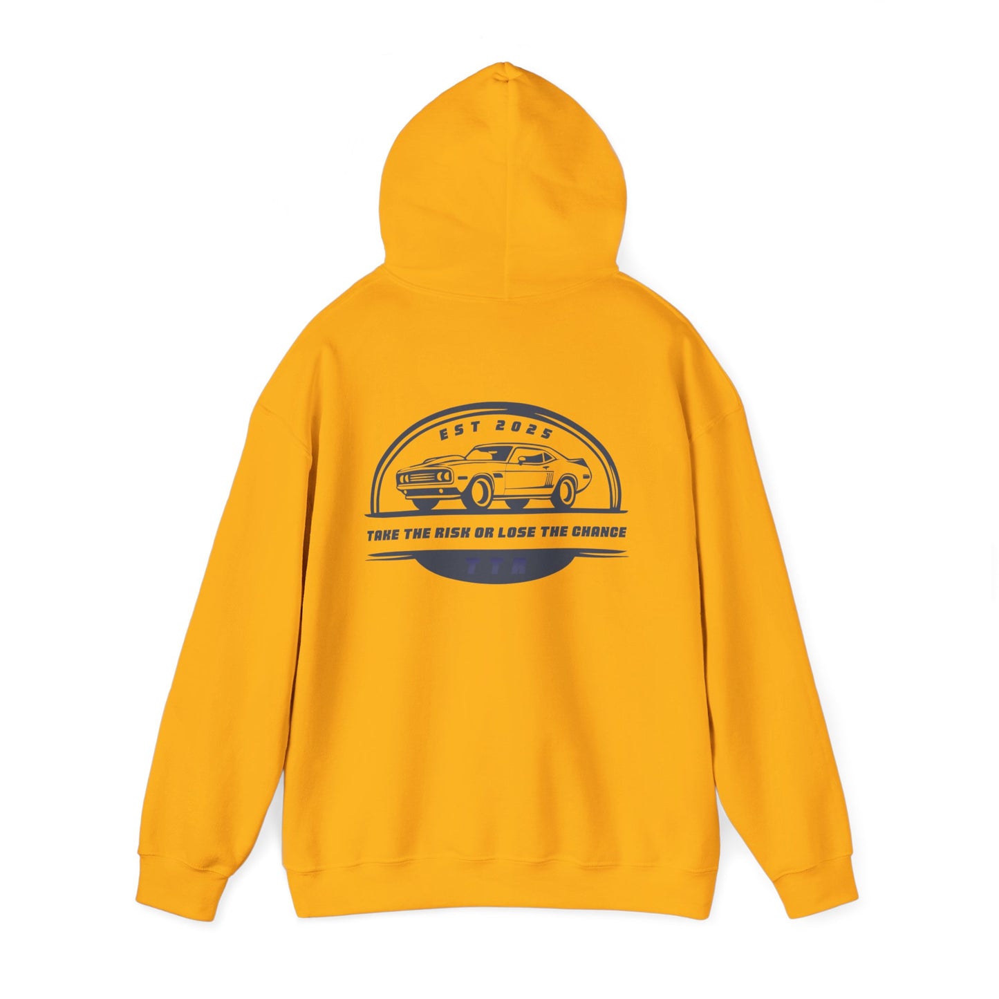Vintage Race Car Emblem Hoodie | TTR blue logo 'Take The Risk'