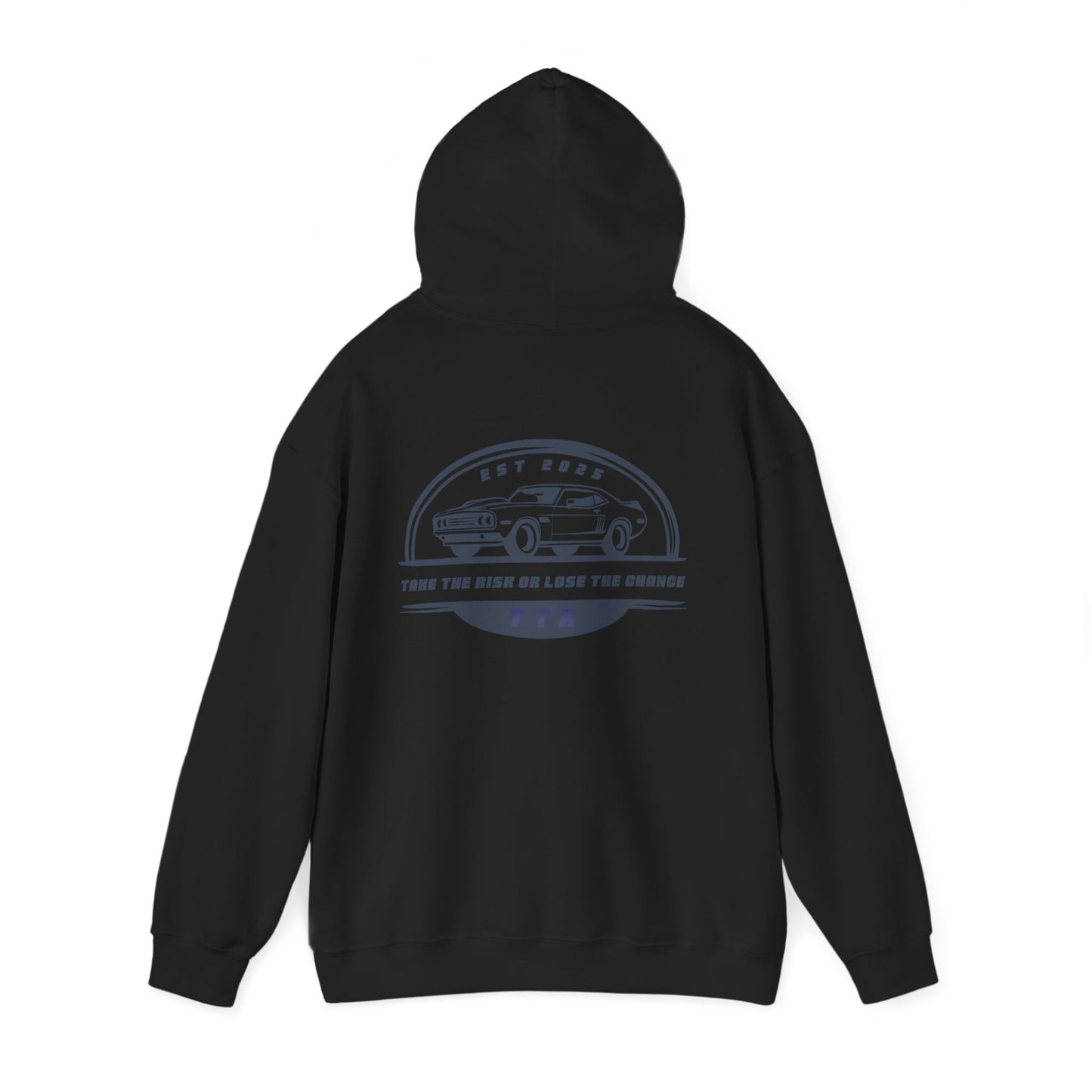 Vintage Race Car Emblem Hoodie | TTR blue logo 'Take The Risk'