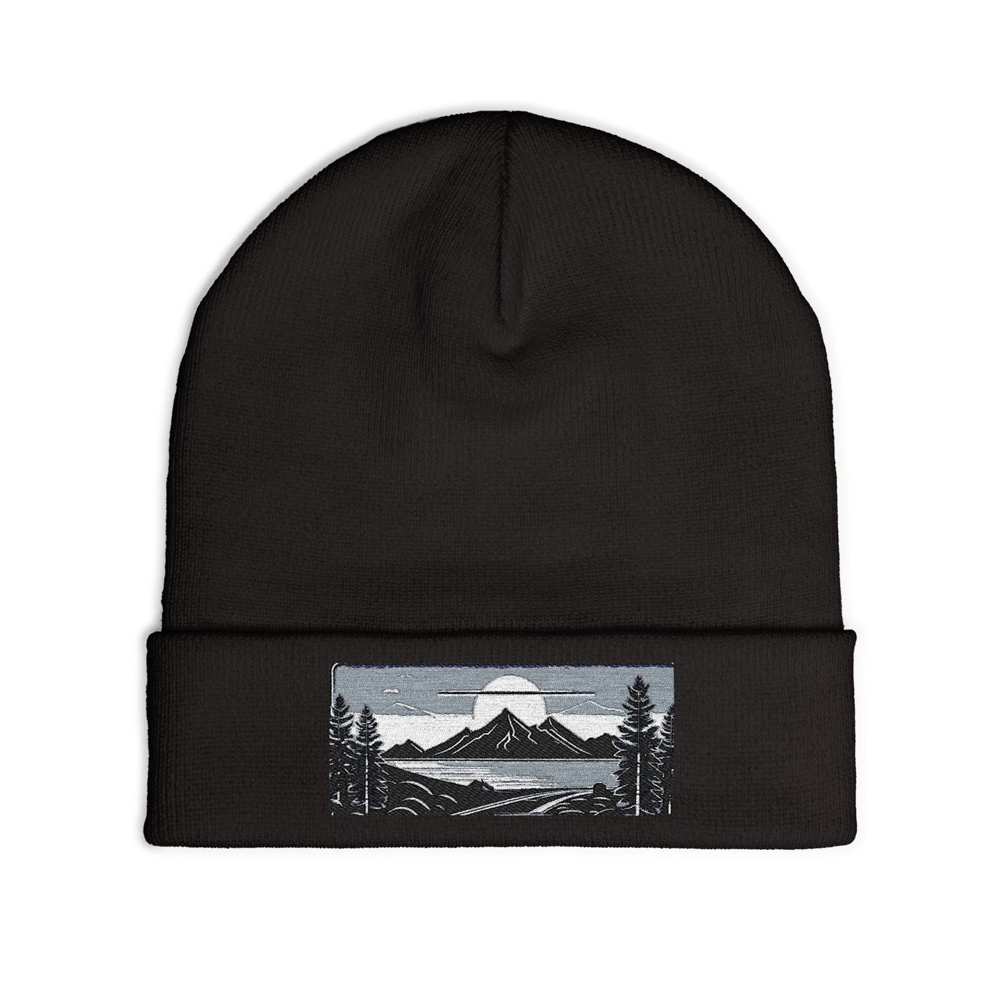 Embroidered Mountain Landscape Knit Beanie — Scenic Outdoor Winter Hat