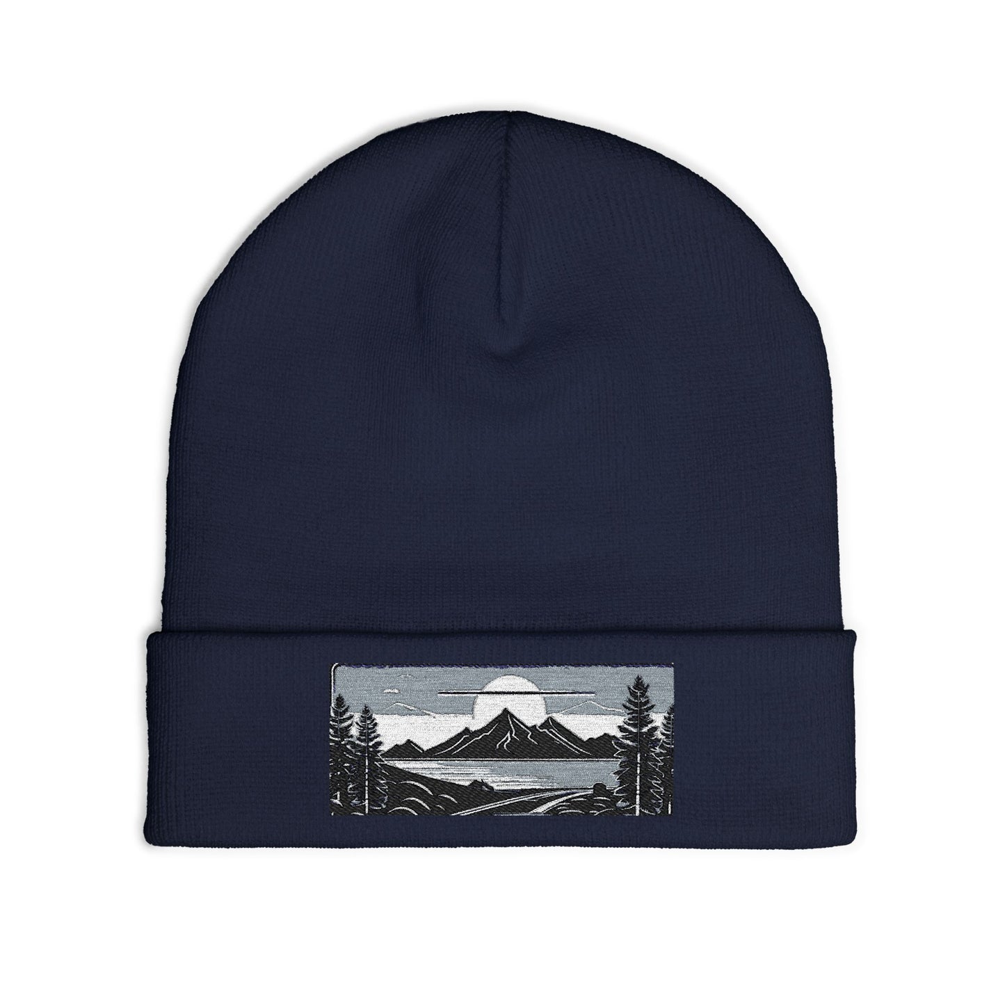 Embroidered Mountain Landscape Knit Beanie — Scenic Outdoor Winter Hat