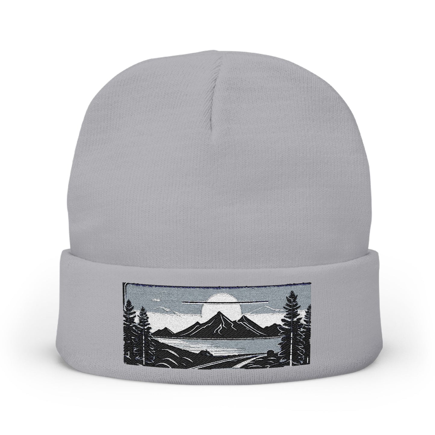 Embroidered Mountain Landscape Knit Beanie — Scenic Outdoor Winter Hat