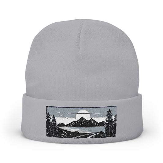 Embroidered Mountain Landscape Knit Beanie — Scenic Outdoor Winter Hat