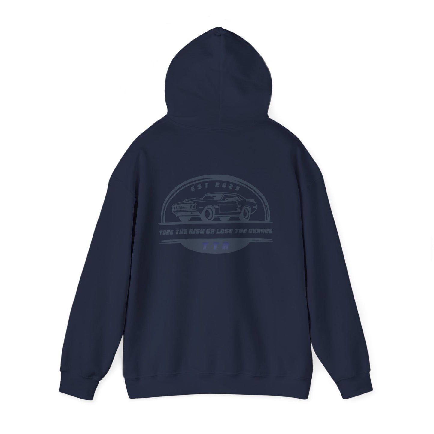 Vintage Race Car Emblem Hoodie | TTR blue logo 'Take The Risk'