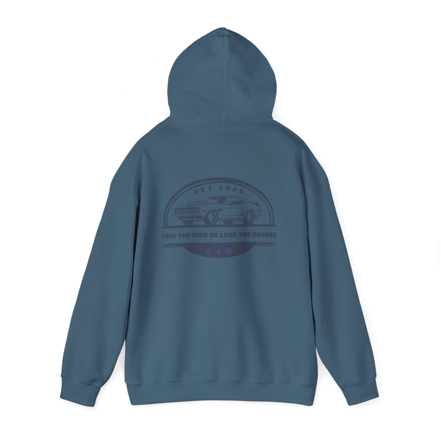 Vintage Race Car Emblem Hoodie | TTR blue logo 'Take The Risk'