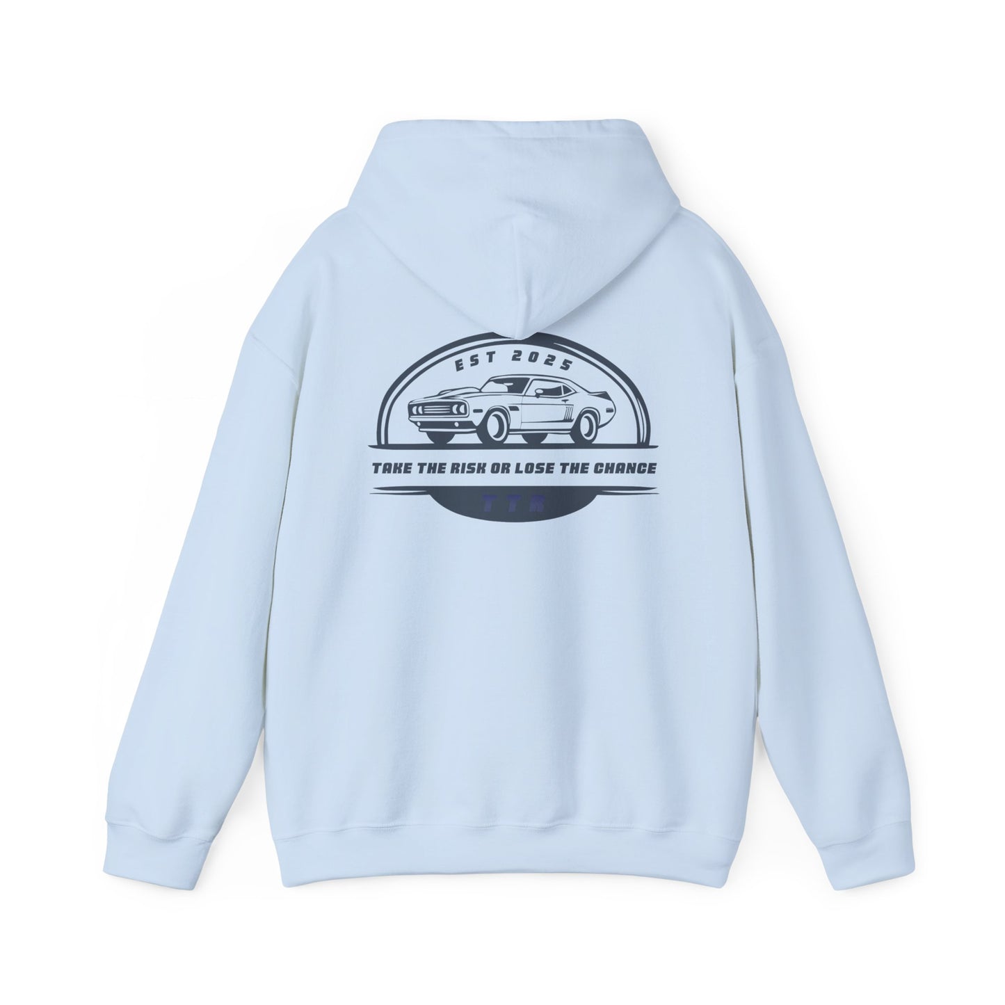 Vintage Race Car Emblem Hoodie | TTR blue logo 'Take The Risk'
