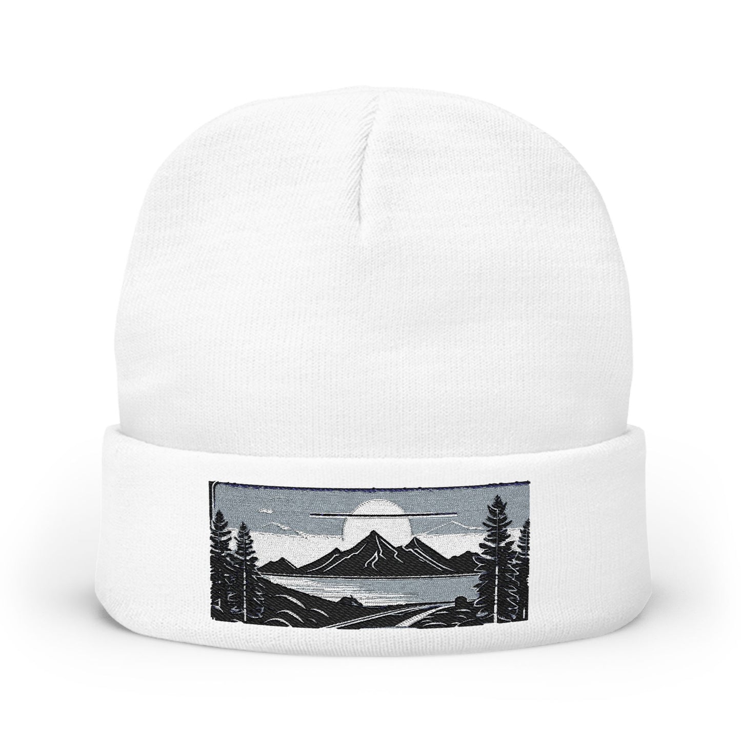 Embroidered Mountain Landscape Knit Beanie — Scenic Outdoor Winter Hat