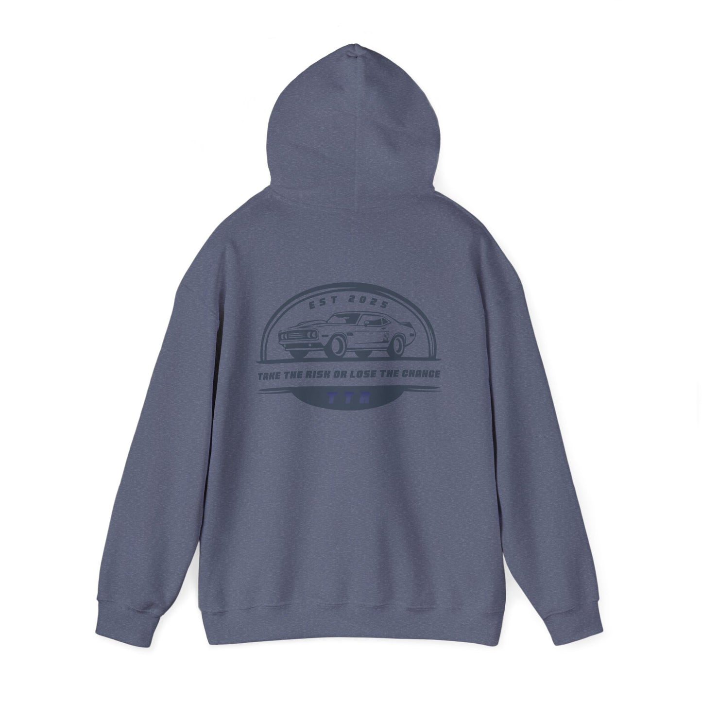 Vintage Race Car Emblem Hoodie | TTR blue logo 'Take The Risk'