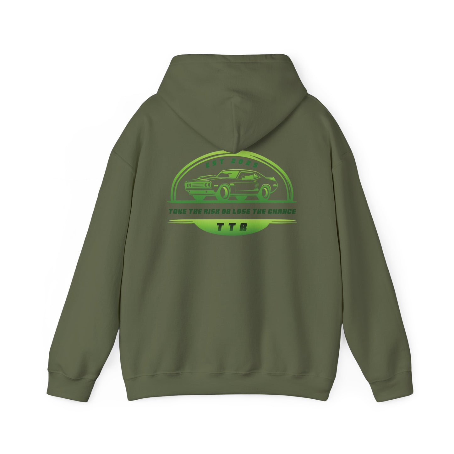 Vintage Race Car Emblem Hoodie | TTR green logo 'Take The Risk'