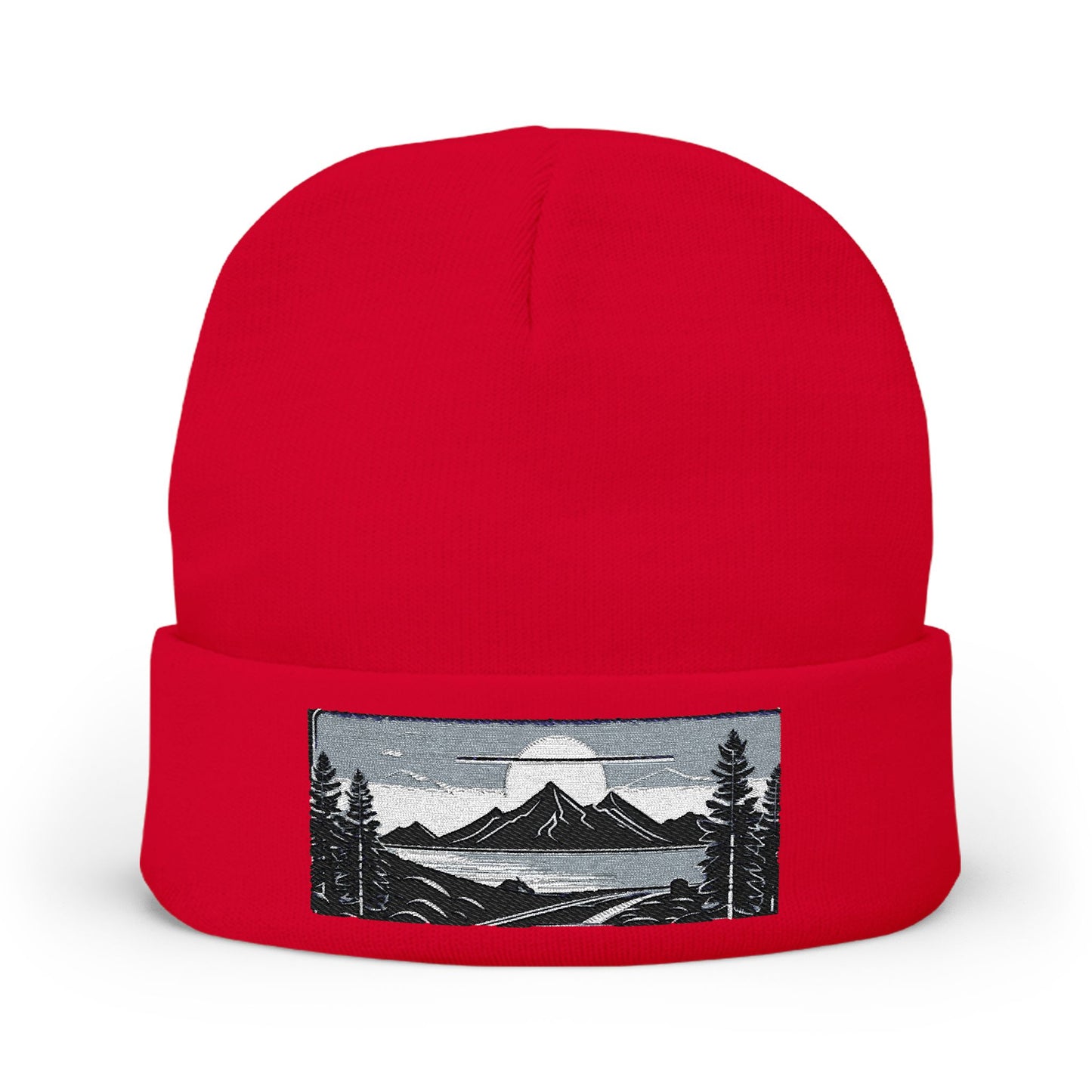 Embroidered Mountain Landscape Knit Beanie — Scenic Outdoor Winter Hat