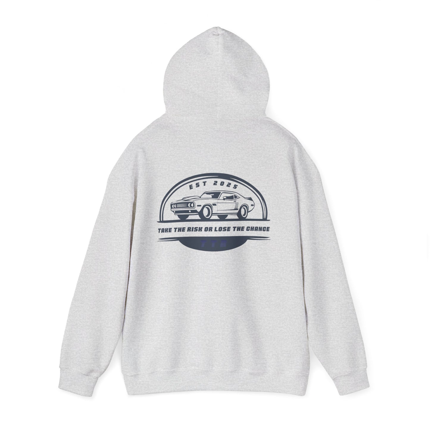 Vintage Race Car Emblem Hoodie | TTR blue logo 'Take The Risk'