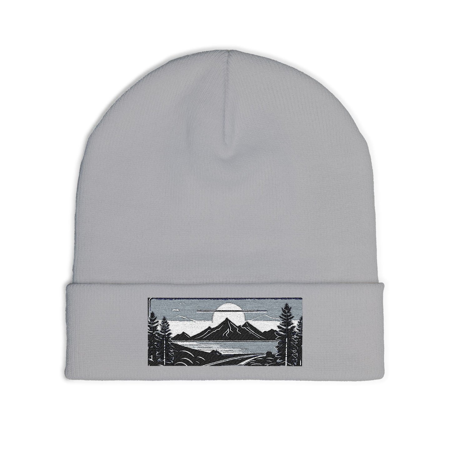 Embroidered Mountain Landscape Knit Beanie — Scenic Outdoor Winter Hat