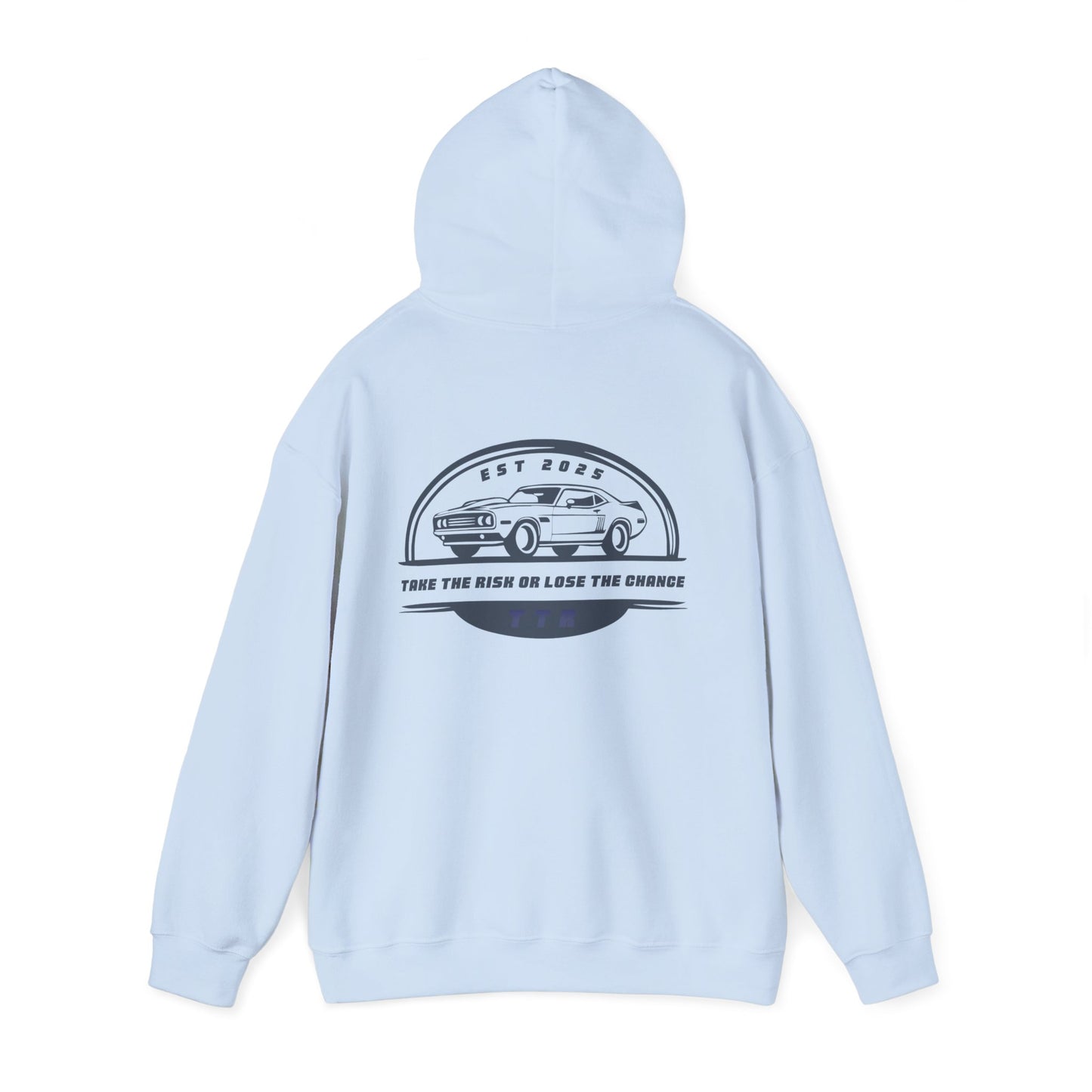 Vintage Race Car Emblem Hoodie | TTR blue logo 'Take The Risk'